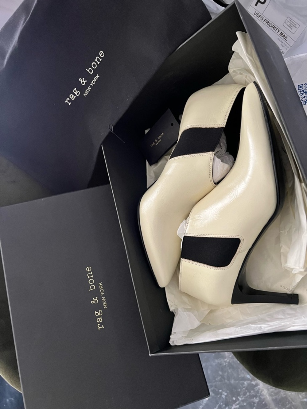 rag & bone Cream and Black Pointed-Toe Stiletto Booties
